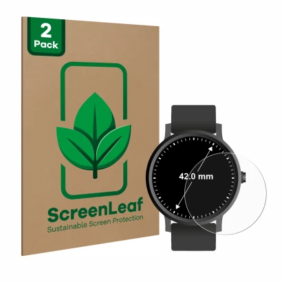 Vorderseite einer Produktverpackung mit dem Markenlogo ScreenLeaf. Daneben ist das Gerät Armbanduhren (Kreisrund, ø: 42 mm) mi