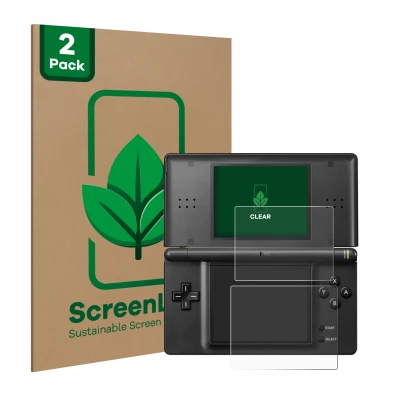 Vorderseite einer Produktverpackung mit dem Markenlogo ScreenLeaf. Daneben ist das Gerät Nintendo DS LITE mit dem zugehörigen 