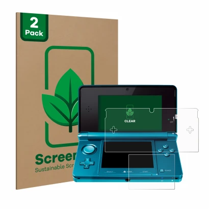 Vorderseite einer Produktverpackung mit dem Markenlogo ScreenLeaf. Daneben ist das Gerät Nintendo 3DS mit dem zugehörigen Disp