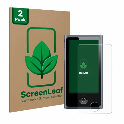 Vorderseite einer Produktverpackung mit dem Markenlogo ScreenLeaf. Daneben ist das Gerät Apple iPod nano 2012 (7. Gen.) mit de