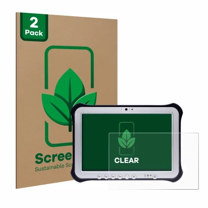 Vorderseite einer Produktverpackung mit dem Markenlogo ScreenLeaf. Daneben ist das Gerät Panasonic Toughpad FZ-G1 mit dem zuge