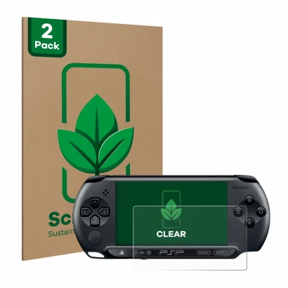 Vorderseite einer Produktverpackung mit dem Markenlogo ScreenLeaf. Daneben ist das Gerät Sony PSP 1004 mit dem zugehörigen Dis