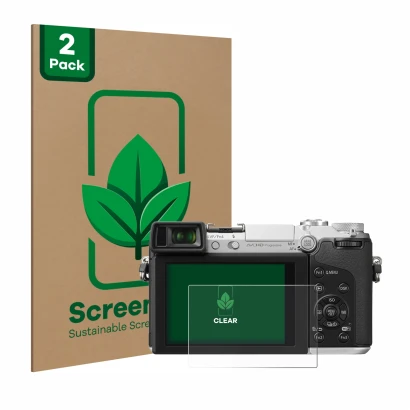 Vorderseite einer Produktverpackung mit dem Markenlogo ScreenLeaf. Daneben ist das Gerät Panasonic Lumix DMC-GX7 mit dem zugeh