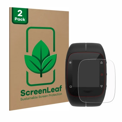 Vorderseite einer Produktverpackung mit dem Markenlogo ScreenLeaf. Daneben ist das Gerät Polar M400 mit dem zugehörigen Displa