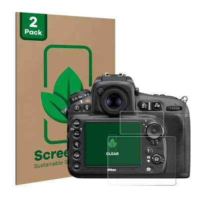 Vorderseite einer Produktverpackung mit dem Markenlogo ScreenLeaf. Daneben ist das Gerät Nikon D810 mit dem zugehörigen Displa