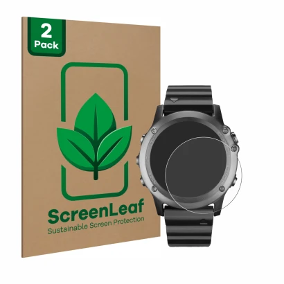 Vorderseite einer Produktverpackung mit dem Markenlogo ScreenLeaf. Daneben ist das Gerät Garmin Fenix 3 mit dem zugehörigen Di