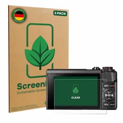 Vorderseite einer Produktverpackung mit dem Markenlogo ScreenLeaf. Daneben ist das Gerät Canon PowerShot G7 X Mark II mit dem 