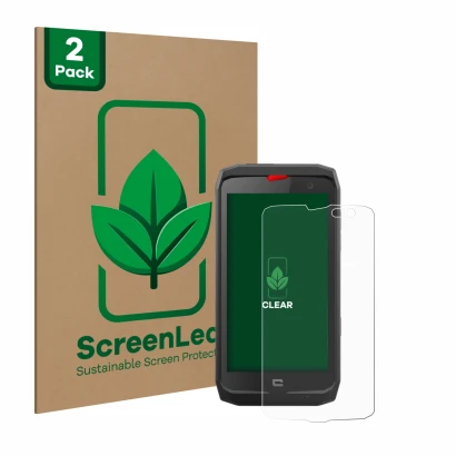 Vorderseite einer Produktverpackung mit dem Markenlogo ScreenLeaf. Daneben ist das Gerät Crosscall Action X3 mit dem zugehörig