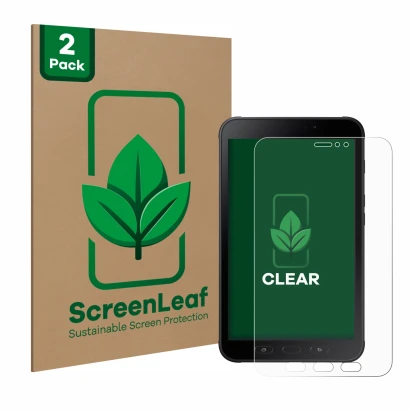Vorderseite einer Produktverpackung mit dem Markenlogo ScreenLeaf. Daneben ist das Gerät Samsung Galaxy Tab Active 2 mit dem z