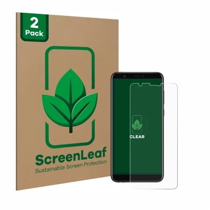Vorderseite einer Produktverpackung mit dem Markenlogo ScreenLeaf. Daneben ist das Gerät Huawei P smart 2018 mit dem zugehörig