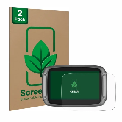 Vorderseite einer Produktverpackung mit dem Markenlogo ScreenLeaf. Daneben ist das Gerät TomTom Rider 550 mit dem zugehörigen 