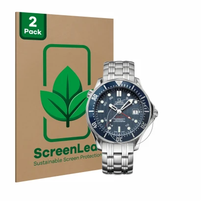 Vorderseite einer Produktverpackung mit dem Markenlogo ScreenLeaf. Daneben ist das Gerät Omega Seamaster Diver (41 mm) mit dem