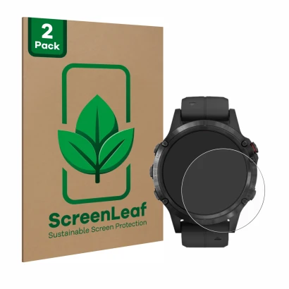 Vorderseite einer Produktverpackung mit dem Markenlogo ScreenLeaf. Daneben ist das Gerät Garmin Fenix 5 Plus (47 mm) mit dem z