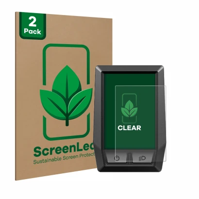 Vorderseite einer Produktverpackung mit dem Markenlogo ScreenLeaf. Daneben ist das Gerät Bosch Kiox mit dem zugehörigen Displa
