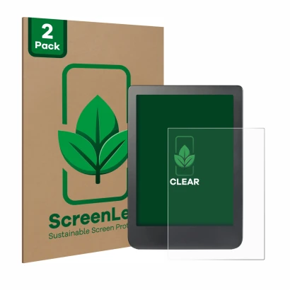 Vorderseite einer Produktverpackung mit dem Markenlogo ScreenLeaf. Daneben ist das Gerät Kobo Clara HD (6") mit dem zugehörige