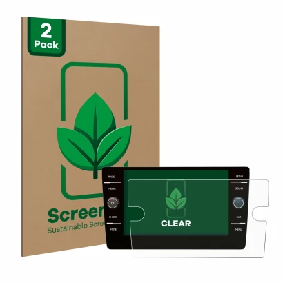 Vorderseite einer Produktverpackung mit dem Markenlogo ScreenLeaf. Daneben ist das Gerät Volkswagen Golf 7 2019 Discover Media