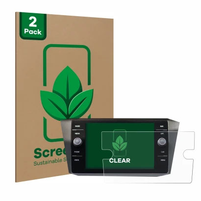 Vorderseite einer Produktverpackung mit dem Markenlogo ScreenLeaf. Daneben ist das Gerät Volkswagen Tiguan Discover Media 8" 2