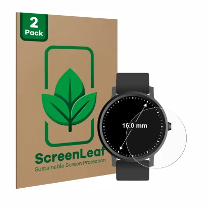 Vorderseite einer Produktverpackung mit dem Markenlogo ScreenLeaf. Daneben ist das Gerät Kreisrunde Displays (ø: 16 mm) mit de