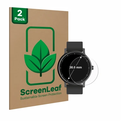 Vorderseite einer Produktverpackung mit dem Markenlogo ScreenLeaf. Daneben ist das Gerät Kreisrunde Displays (ø: 38 mm) mit de