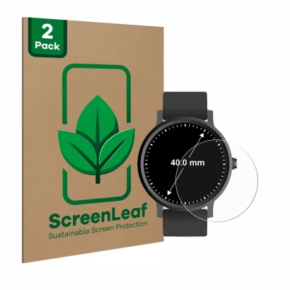 Vorderseite einer Produktverpackung mit dem Markenlogo ScreenLeaf. Daneben ist das Gerät Kreisrunde Displays (ø: 40 mm) mit de