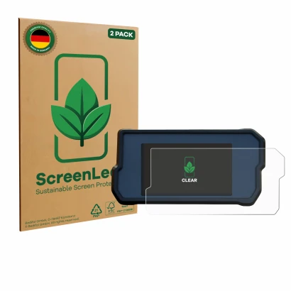 Vorderseite einer Produktverpackung mit dem Markenlogo ScreenLeaf. Daneben ist das Gerät KTM 390 Duke 2017 mit dem zugehörigen