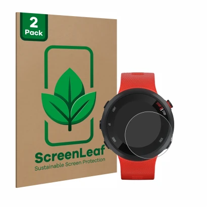 Vorderseite einer Produktverpackung mit dem Markenlogo ScreenLeaf. Daneben ist das Gerät Garmin Forerunner 45 mit dem zugehöri