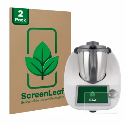 Vorderseite einer Produktverpackung mit dem Markenlogo ScreenLeaf. Daneben ist das Gerät Vorwerk Bimby TM6 mit dem zugehörigen