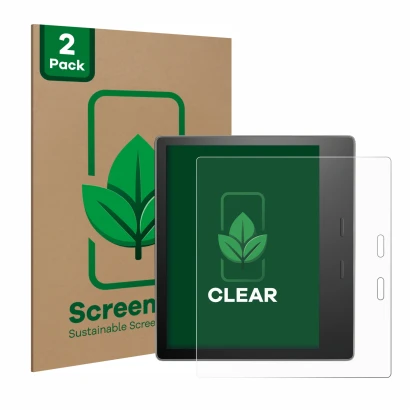 Vorderseite einer Produktverpackung mit dem Markenlogo ScreenLeaf. Daneben ist das Gerät Amazon Kindle Oasis 2019 (10. Gen.) m