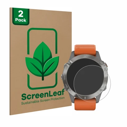 Vorderseite einer Produktverpackung mit dem Markenlogo ScreenLeaf. Daneben ist das Gerät Garmin Fenix 6 Pro mit dem zugehörige