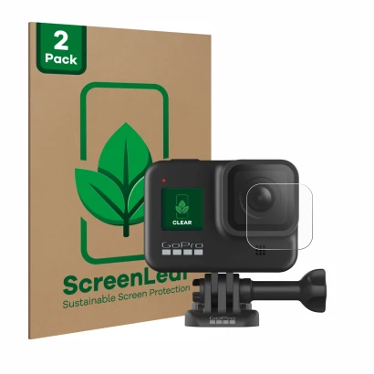 Vorderseite einer Produktverpackung mit dem Markenlogo ScreenLeaf. Daneben ist das Gerät GoPro Hero 8 Black (Linse) mit dem zu