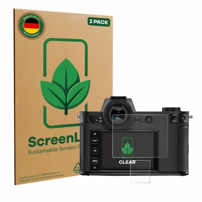 Vorderseite einer Produktverpackung mit dem Markenlogo ScreenLeaf. Daneben ist das Gerät Leica SL2 mit dem zugehörigen Display