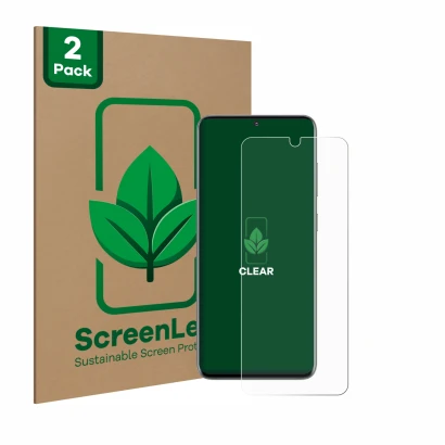 Vorderseite einer Produktverpackung mit dem Markenlogo ScreenLeaf. Daneben ist das Gerät Samsung Galaxy S20 mit dem zugehörige