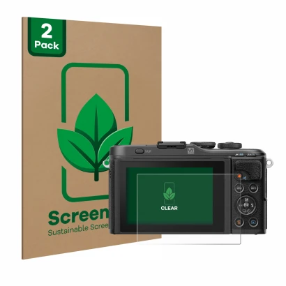 Vorderseite einer Produktverpackung mit dem Markenlogo ScreenLeaf. Daneben ist das Gerät Olympus PEN E-PL10 mit dem zugehörige