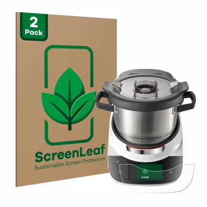 Vorderseite einer Produktverpackung mit dem Markenlogo ScreenLeaf. Daneben ist das Gerät Bosch Cookit mit dem zugehörigen Disp