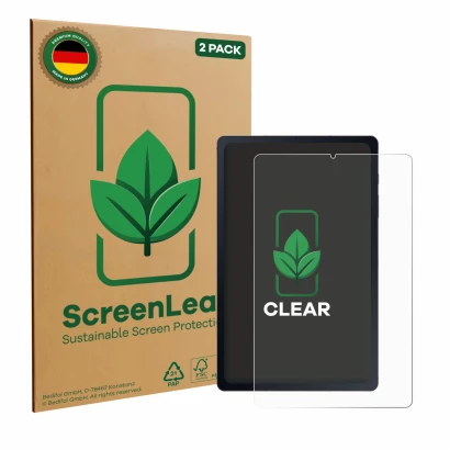 Vorderseite einer Produktverpackung mit dem Markenlogo ScreenLeaf. Daneben ist das Gerät Samsung Galaxy Tab S6 Lite 2020 mit d