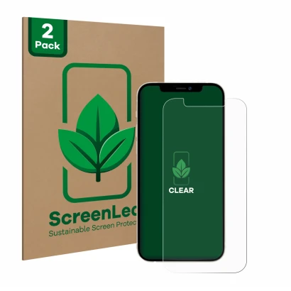 Vorderseite einer Produktverpackung mit dem Markenlogo ScreenLeaf. Daneben ist das Gerät Apple iPhone 12 mit dem zugehörigen D