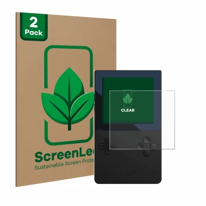 Vorderseite einer Produktverpackung mit dem Markenlogo ScreenLeaf. Daneben ist das Gerät Analogue Pocket mit dem zugehörigen D