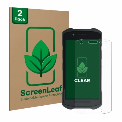 Vorderseite einer Produktverpackung mit dem Markenlogo ScreenLeaf. Daneben ist das Gerät Zebra TC21 mit dem zugehörigen Displa