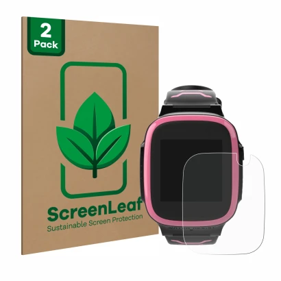Vorderseite einer Produktverpackung mit dem Markenlogo ScreenLeaf. Daneben ist das Gerät Xplora X5 Play mit dem zugehörigen Di