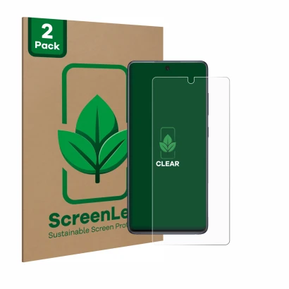 Vorderseite einer Produktverpackung mit dem Markenlogo ScreenLeaf. Daneben ist das Gerät Samsung Galaxy S20 FE mit dem zugehör