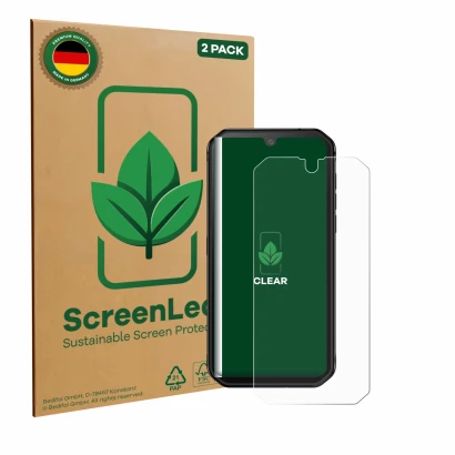 Vorderseite einer Produktverpackung mit dem Markenlogo ScreenLeaf. Daneben ist das Gerät Blackview BV9900E mit dem zugehörigen