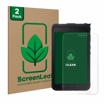 Vorderseite einer Produktverpackung mit dem Markenlogo ScreenLeaf. Daneben ist das Gerät Samsung Galaxy Tab Active 3 mit dem z