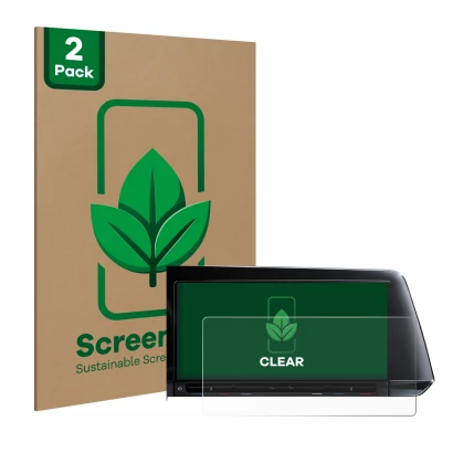 Vorderseite einer Produktverpackung mit dem Markenlogo ScreenLeaf. Daneben ist das Gerät Volkswagen Golf 8 2020 Discover Pro 1