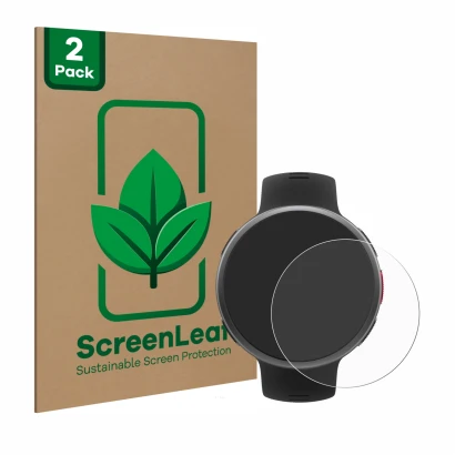 Vorderseite einer Produktverpackung mit dem Markenlogo ScreenLeaf. Daneben ist das Gerät Polar Vantage V2 mit dem zugehörigen 