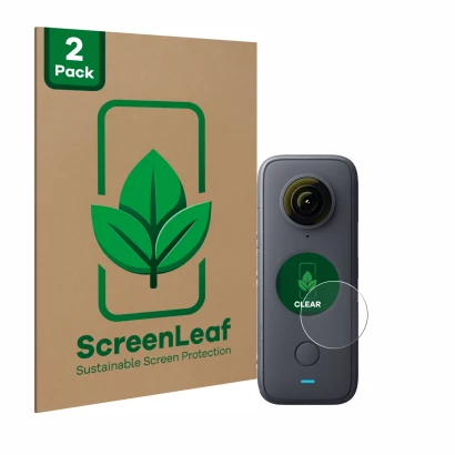 Vorderseite einer Produktverpackung mit dem Markenlogo ScreenLeaf. Daneben ist das Gerät Insta360 One X2 mit dem zugehörigen D