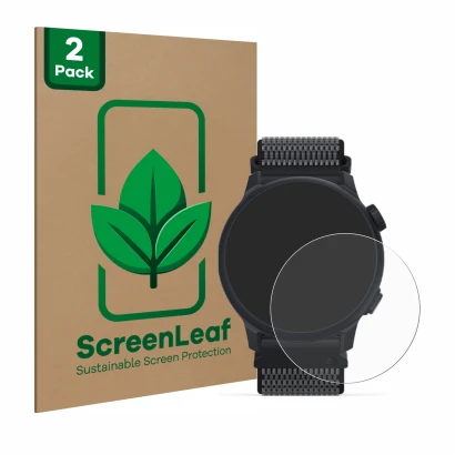 Vorderseite einer Produktverpackung mit dem Markenlogo ScreenLeaf. Daneben ist das Gerät Coros Pace 2 mit dem zugehörigen Disp
