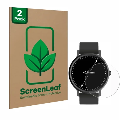 Vorderseite einer Produktverpackung mit dem Markenlogo ScreenLeaf. Daneben ist das Gerät Kreisrunde Displays (ø: 40.5 mm) mit 