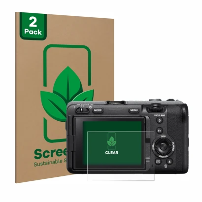 Vorderseite einer Produktverpackung mit dem Markenlogo ScreenLeaf. Daneben ist das Gerät Sony FX3 mit dem zugehörigen Displays