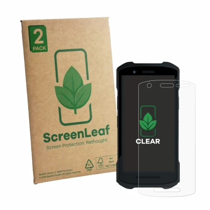 Vorderseite einer Produktverpackung mit dem Markenlogo ScreenLeaf. Daneben ist das Gerät Zebra TC26 mit dem zugehörigen Displa