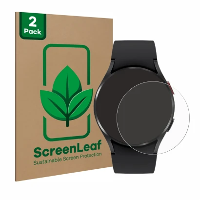 Vorderseite einer Produktverpackung mit dem Markenlogo ScreenLeaf. Daneben ist das Gerät Samsung Galaxy Watch 4 (40mm) mit dem